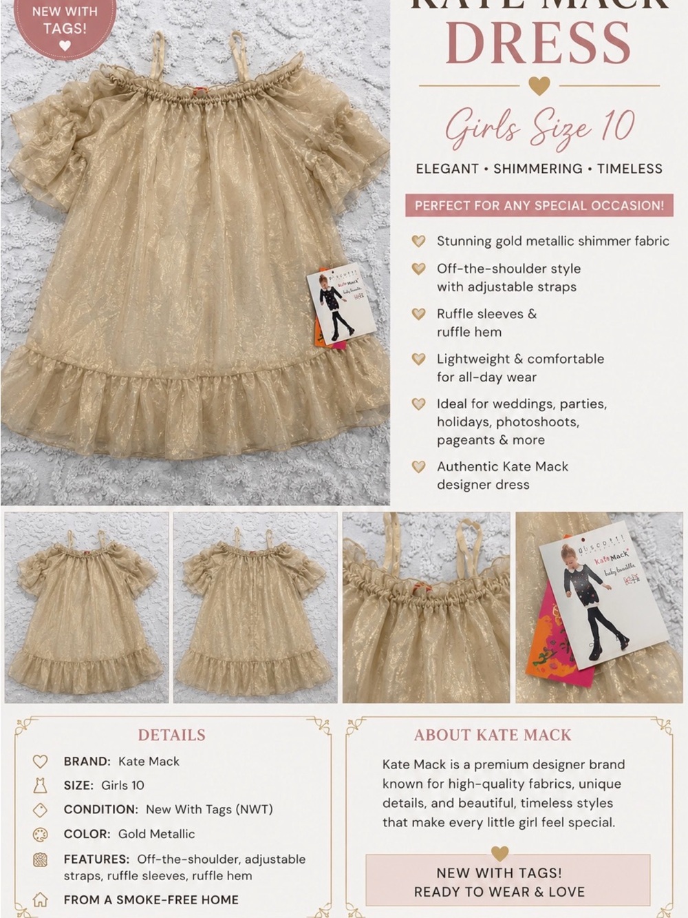 Kate Mack Gold Metallic Off-Shoulder Ruffled Dress